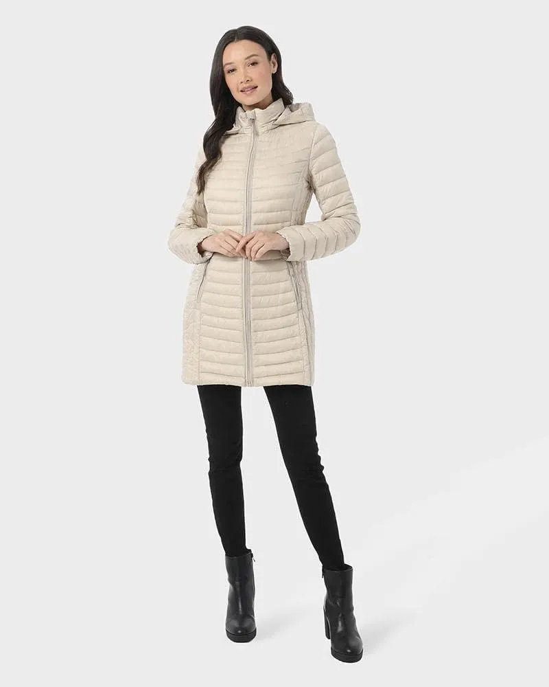 32 Degrees Women’s Ultra-Light Packable Down 3/4 Length Long Jacket with Detachable Hood
