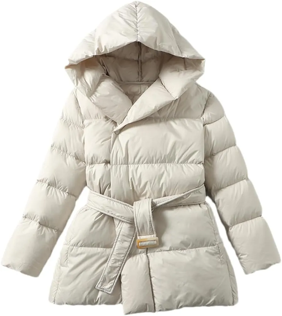 Adhdyuud Women's Puffer Down Jackets Winter Ultra Light Warm Casual Coat Belt Hooded Parka Overcoat