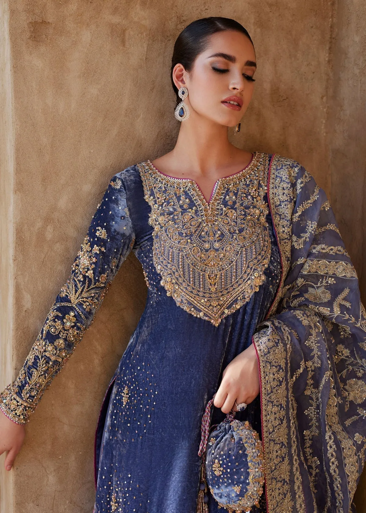 Aleha Greyish Blue Velvet Ensemble