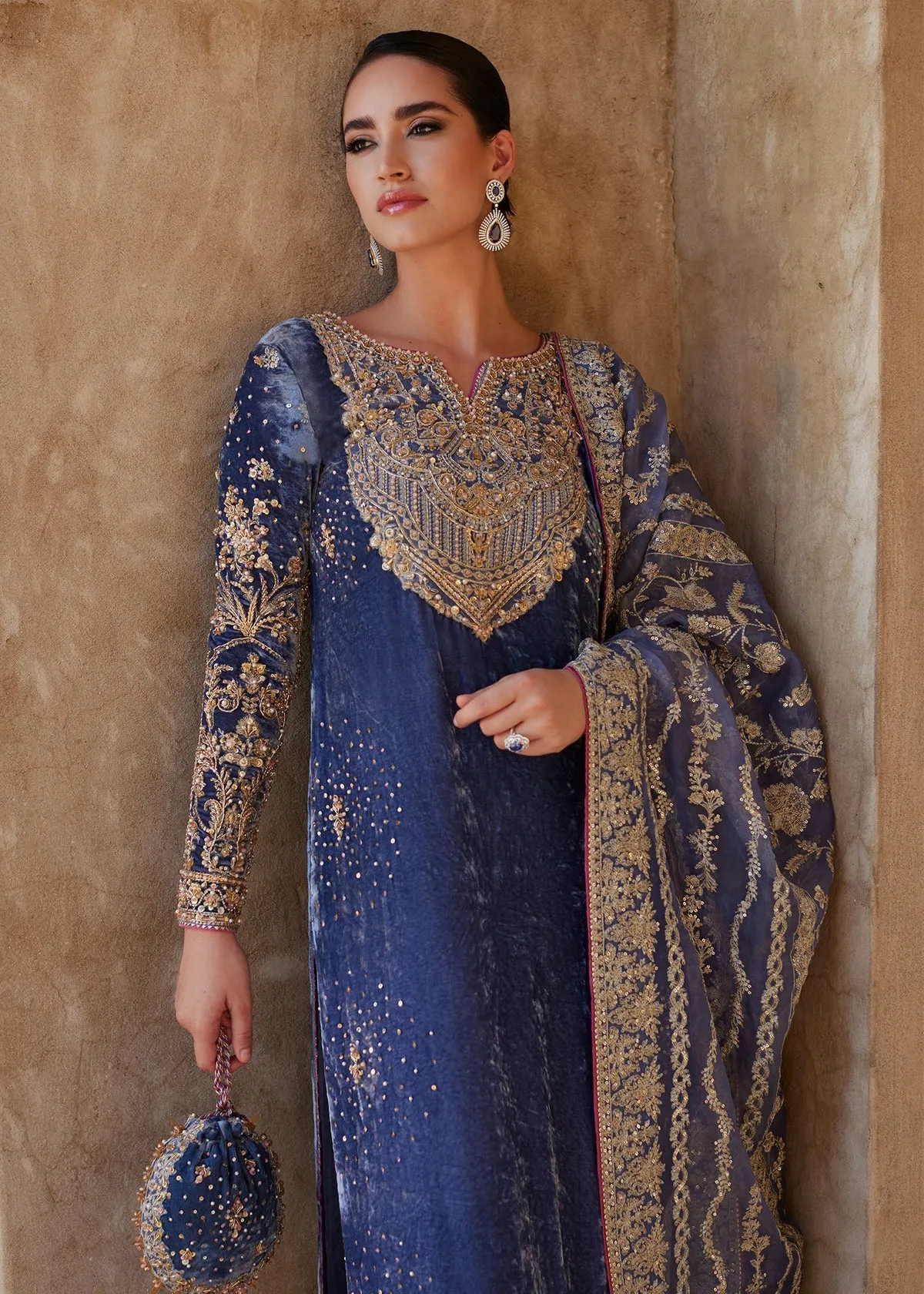 Aleha Greyish Blue Velvet Ensemble