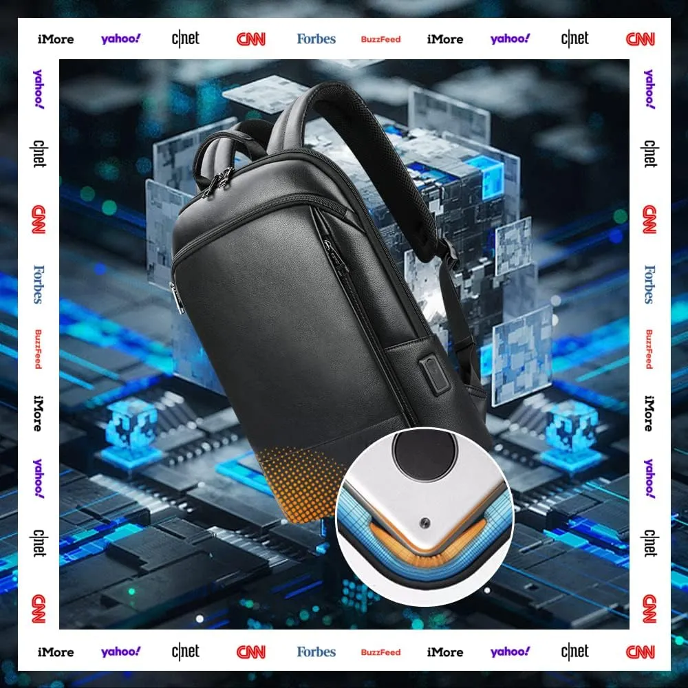 BOPai Unisex Slim Genuine Leather Laptop Backpack Men for 15-15.6 inch Business Smart Professional Lightweight Backpack with USB Charging Office Commuter Computer Rucksack Executive Anti Theft Black