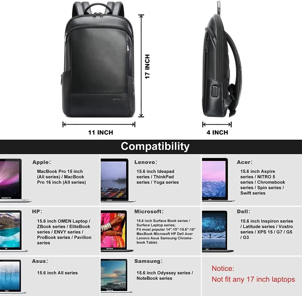 BOPai Unisex Slim Genuine Leather Laptop Backpack Men for 15-15.6 inch Business Smart Professional Lightweight Backpack with USB Charging Office Commuter Computer Rucksack Executive Anti Theft Black
