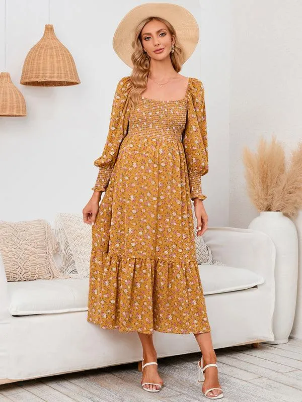 Elegant Long-Sleeved Chiffon Maxi Dress with Charming Floral Pattern for Women