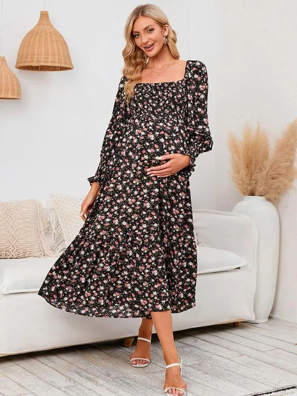 Elegant Long-Sleeved Chiffon Maxi Dress with Charming Floral Pattern for Women