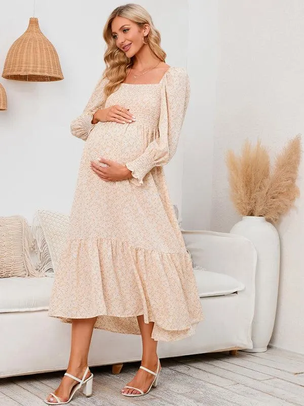 Elegant Long-Sleeved Chiffon Maxi Dress with Charming Floral Pattern for Women