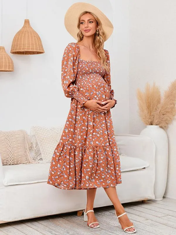 Elegant Long-Sleeved Chiffon Maxi Dress with Charming Floral Pattern for Women