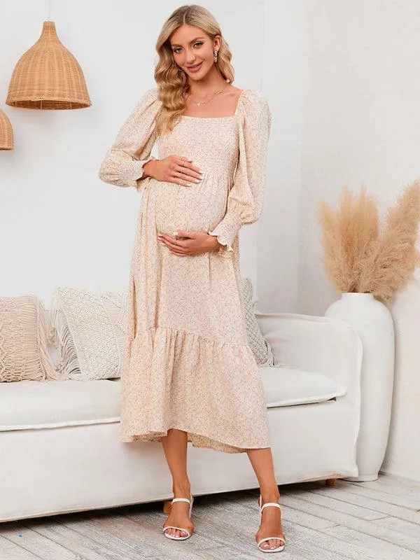 Elegant Long-Sleeved Chiffon Maxi Dress with Charming Floral Pattern for Women