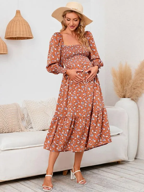 Elegant Long-Sleeved Chiffon Maxi Dress with Charming Floral Pattern for Women