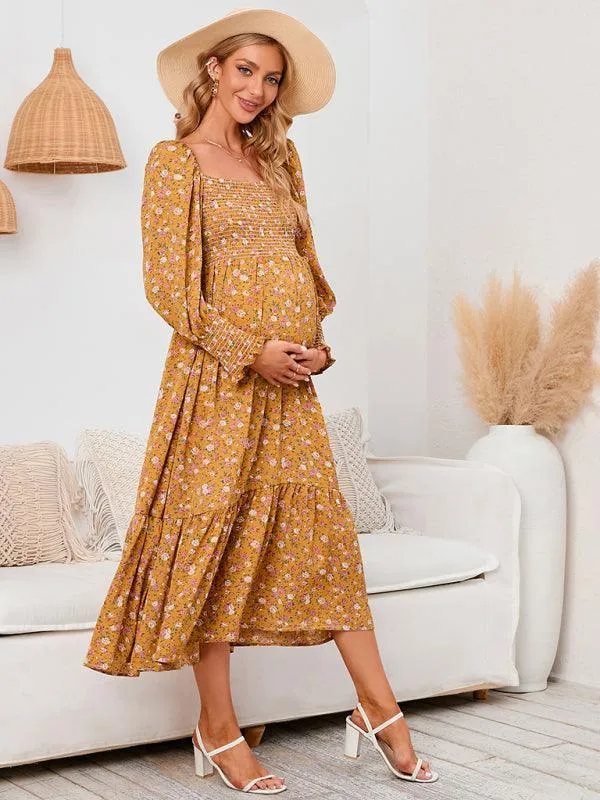 Elegant Long-Sleeved Chiffon Maxi Dress with Charming Floral Pattern for Women