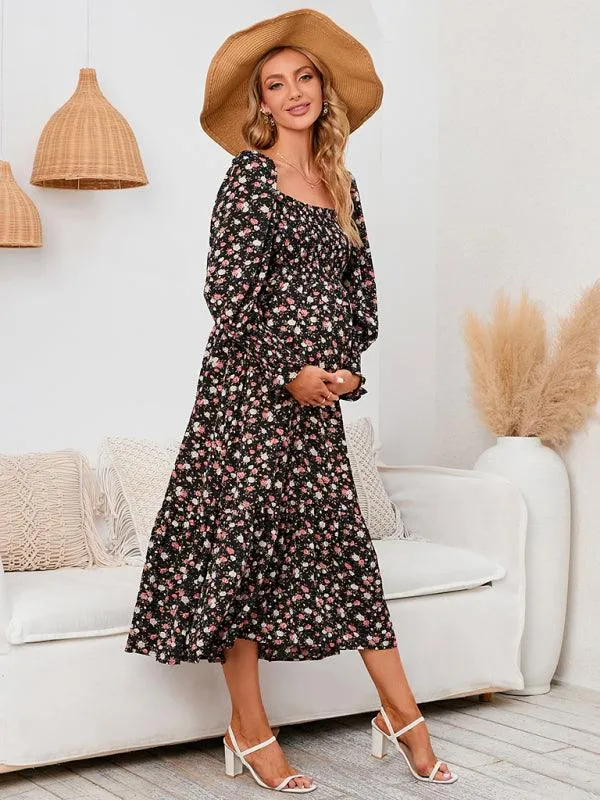 Elegant Long-Sleeved Chiffon Maxi Dress with Charming Floral Pattern for Women