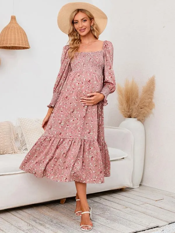 Elegant Long-Sleeved Chiffon Maxi Dress with Charming Floral Pattern for Women