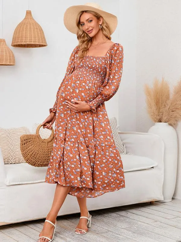 Elegant Long-Sleeved Chiffon Maxi Dress with Charming Floral Pattern for Women