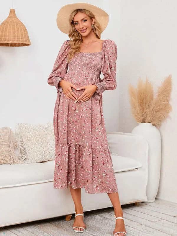 Elegant Long-Sleeved Chiffon Maxi Dress with Charming Floral Pattern for Women
