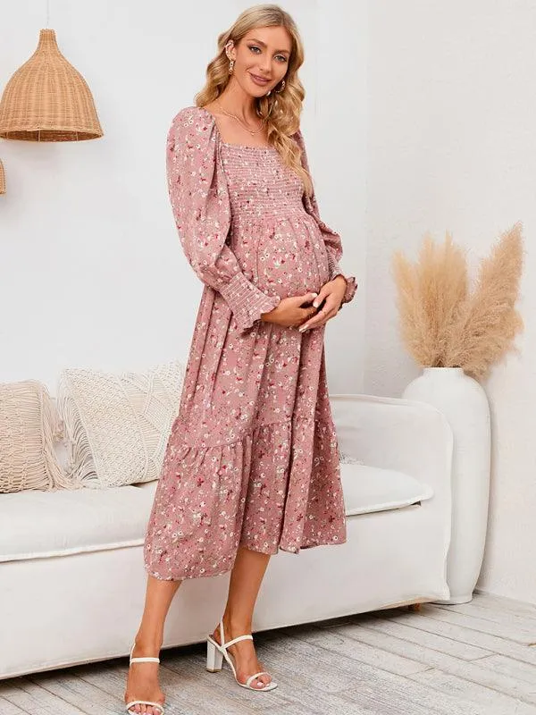 Elegant Long-Sleeved Chiffon Maxi Dress with Charming Floral Pattern for Women