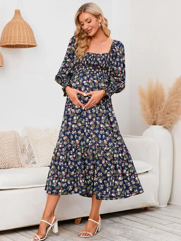 Elegant Long-Sleeved Chiffon Maxi Dress with Charming Floral Pattern for Women