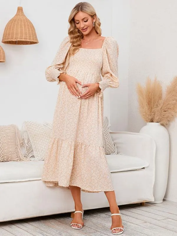 Elegant Long-Sleeved Chiffon Maxi Dress with Charming Floral Pattern for Women