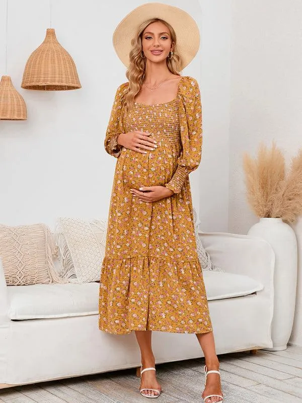 Elegant Long-Sleeved Chiffon Maxi Dress with Charming Floral Pattern for Women