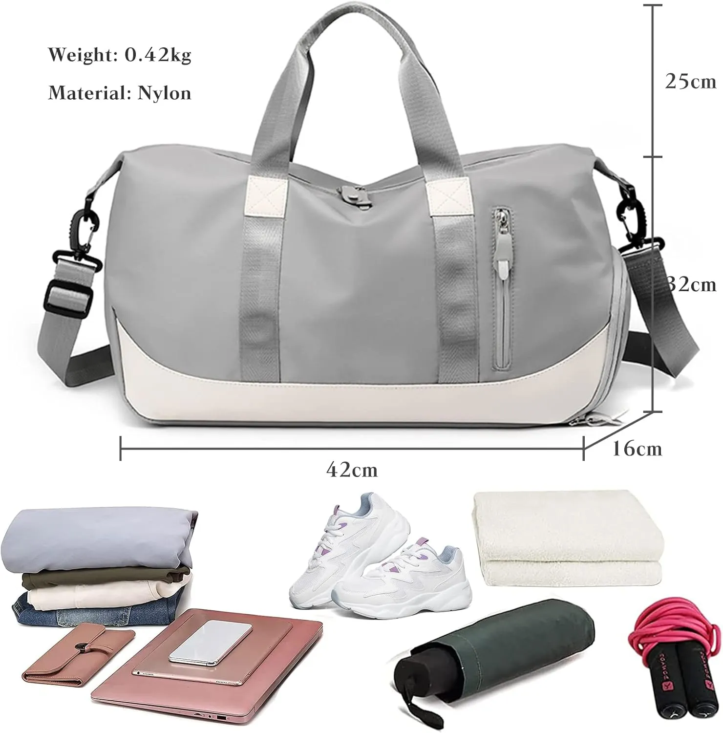 FANDARE Nylon Travel Duffel Bag for Women, Grey