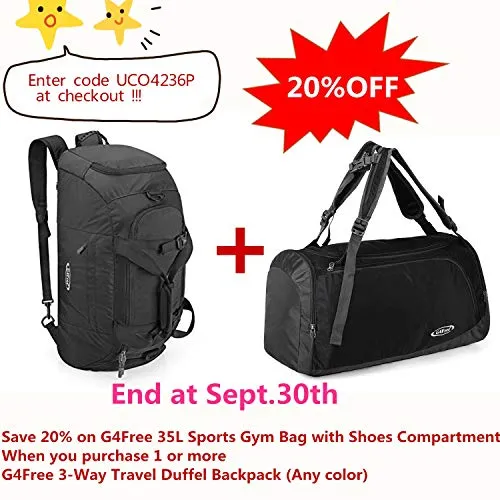 G4Free 3-Way Travel Duffel Backpack Luggage Gym Sports Bag With Shoe Compartment (Black)