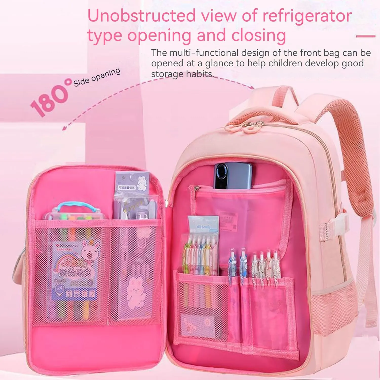 KEBEIXUAN School Backpacks for Girls Large Capacity Kids Kawaii Backpack School Bag for Girls 6-12 Years Old (Pink)