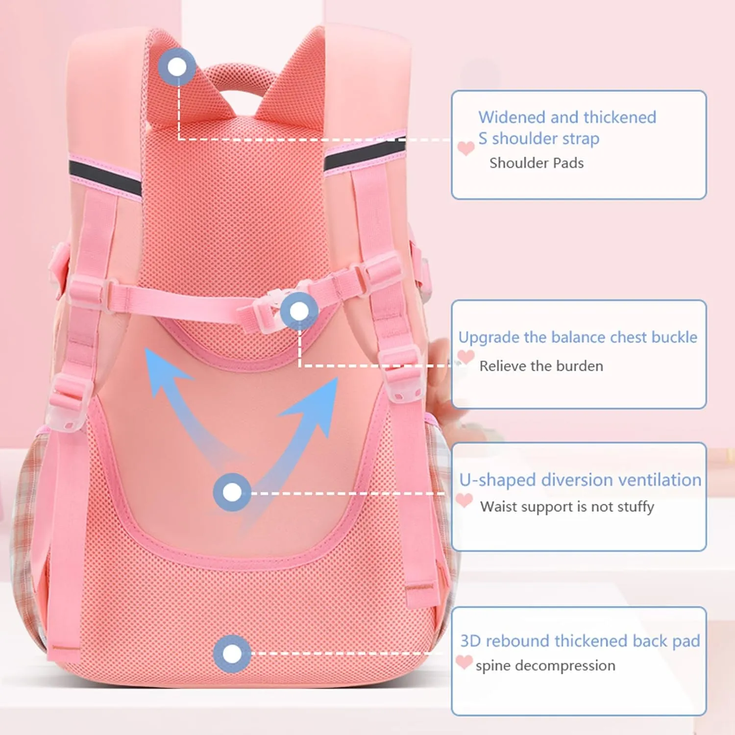 KEBEIXUAN School Backpacks for Girls Large Capacity Kids Kawaii Backpack School Bag for Girls 6-12 Years Old (Pink)