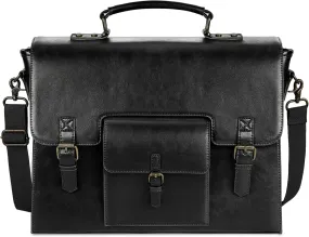 Leather Messenger Bag for Men Women 15.6 Inch Waterproof Vintage Leather Laptop Briefcase Large Satchel Shoulder Bag Office Travel College Computer Laptop Bag, Black