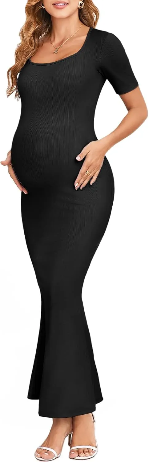 Maternity Bodycon Mermaid Maxi Dress Sexy Square Neck Short Sleeve Ribbed Pregnancy Dresses Baby Shower Photoshoot