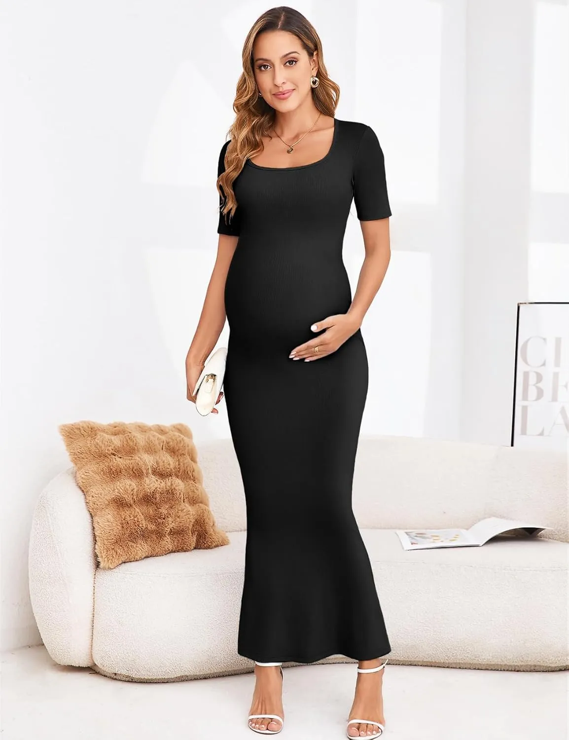 Maternity Bodycon Mermaid Maxi Dress Sexy Square Neck Short Sleeve Ribbed Pregnancy Dresses Baby Shower Photoshoot