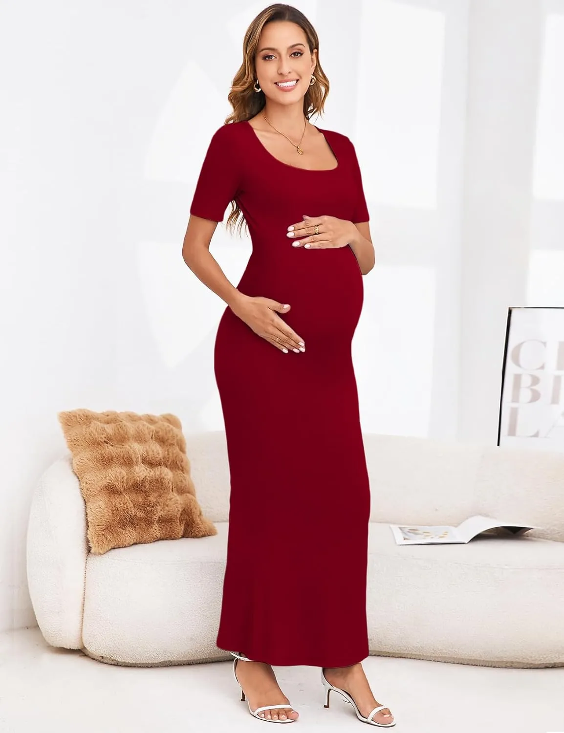 Maternity Bodycon Mermaid Maxi Dress Sexy Square Neck Short Sleeve Ribbed Pregnancy Dresses Baby Shower Photoshoot