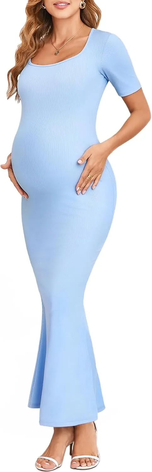 Maternity Bodycon Mermaid Maxi Dress Sexy Square Neck Short Sleeve Ribbed Pregnancy Dresses Baby Shower Photoshoot
