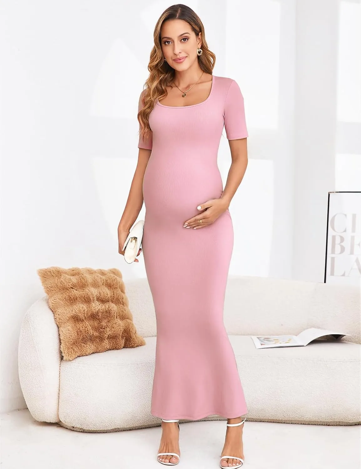 Maternity Bodycon Mermaid Maxi Dress Sexy Square Neck Short Sleeve Ribbed Pregnancy Dresses Baby Shower Photoshoot
