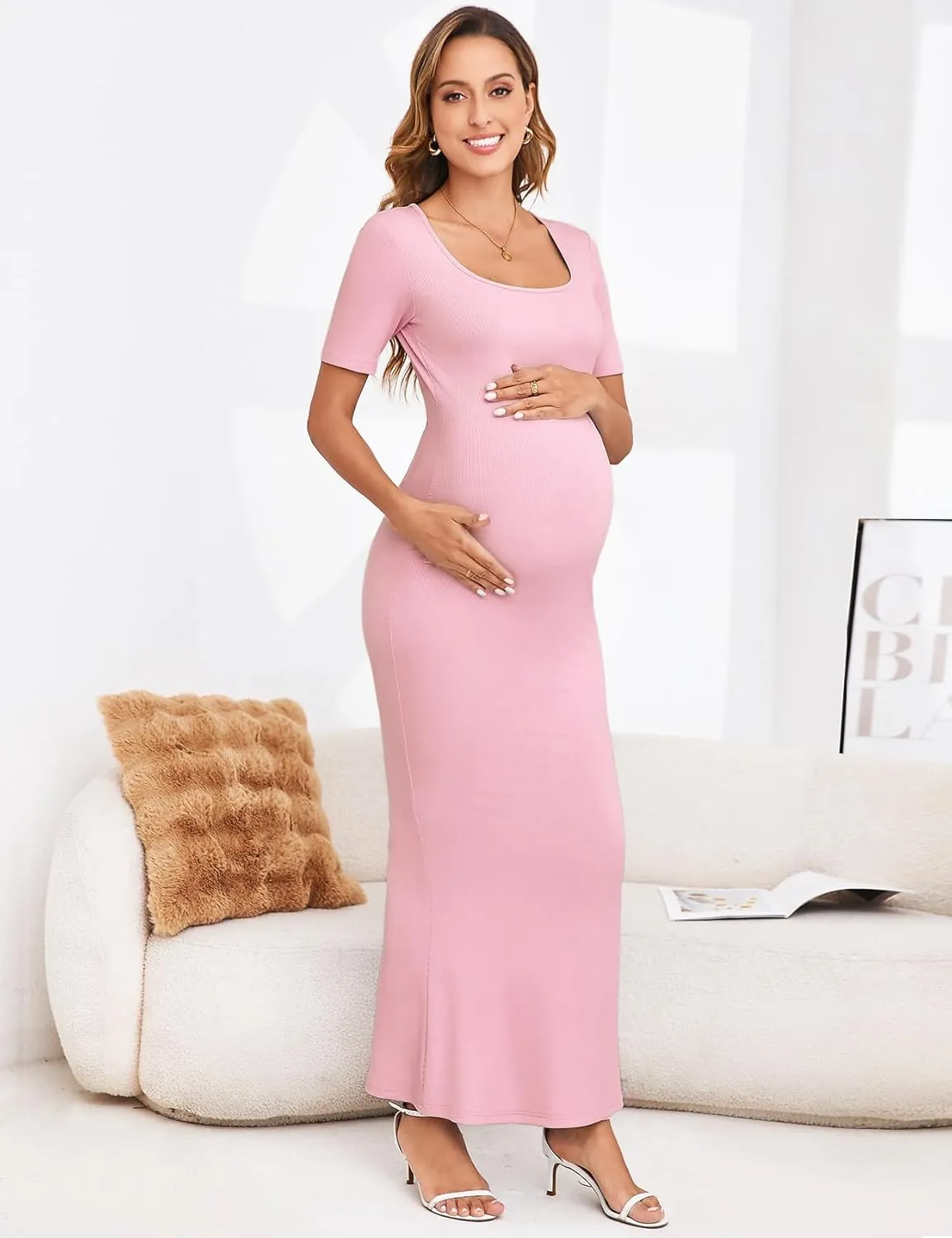 Maternity Bodycon Mermaid Maxi Dress Sexy Square Neck Short Sleeve Ribbed Pregnancy Dresses Baby Shower Photoshoot