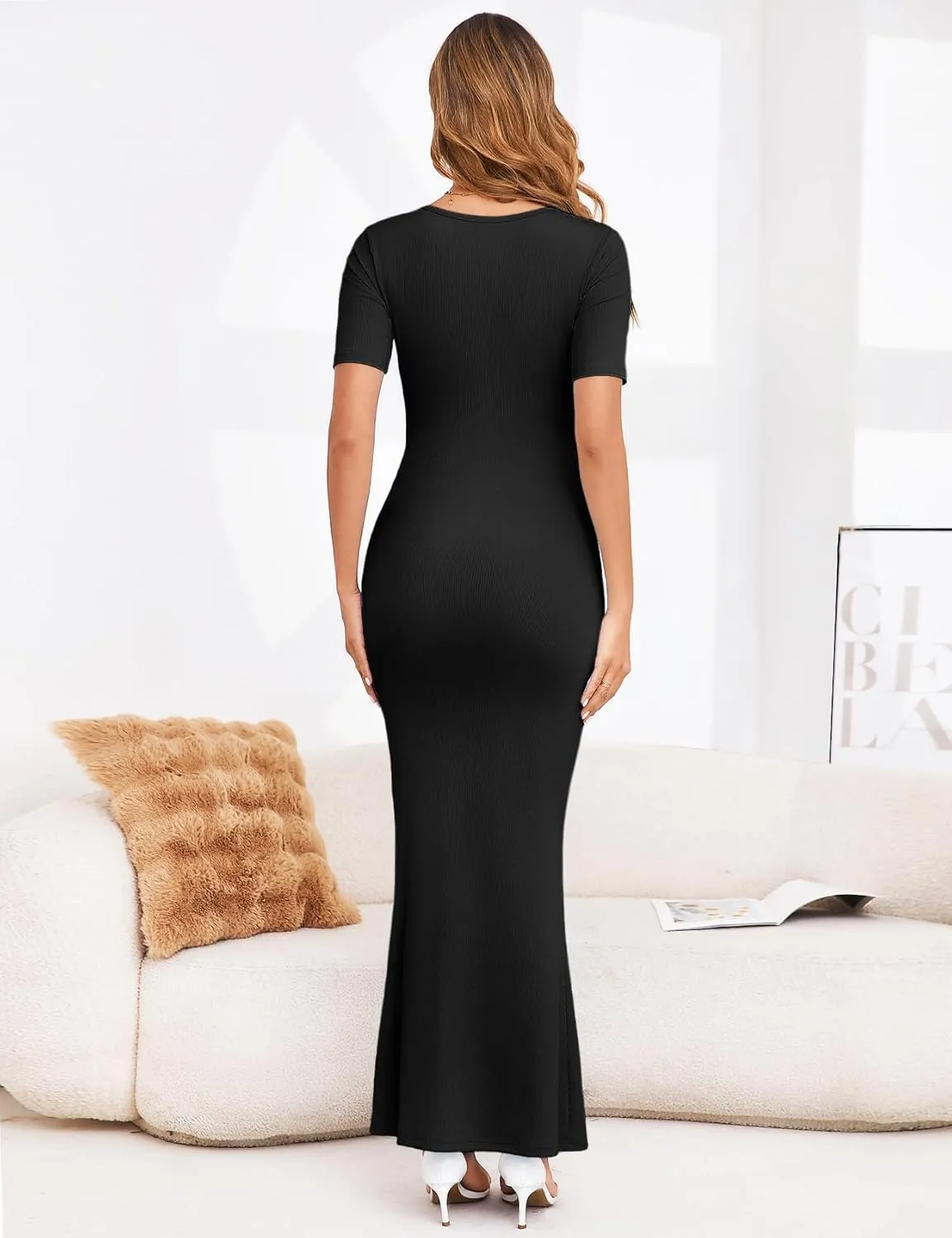 Maternity Bodycon Mermaid Maxi Dress Sexy Square Neck Short Sleeve Ribbed Pregnancy Dresses Baby Shower Photoshoot