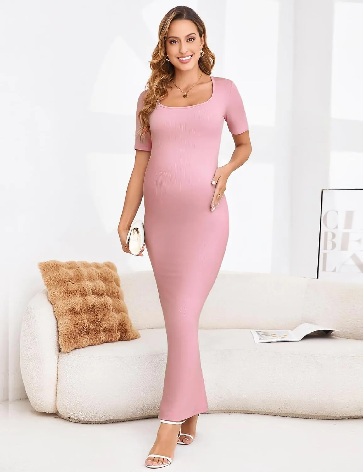 Maternity Bodycon Mermaid Maxi Dress Sexy Square Neck Short Sleeve Ribbed Pregnancy Dresses Baby Shower Photoshoot