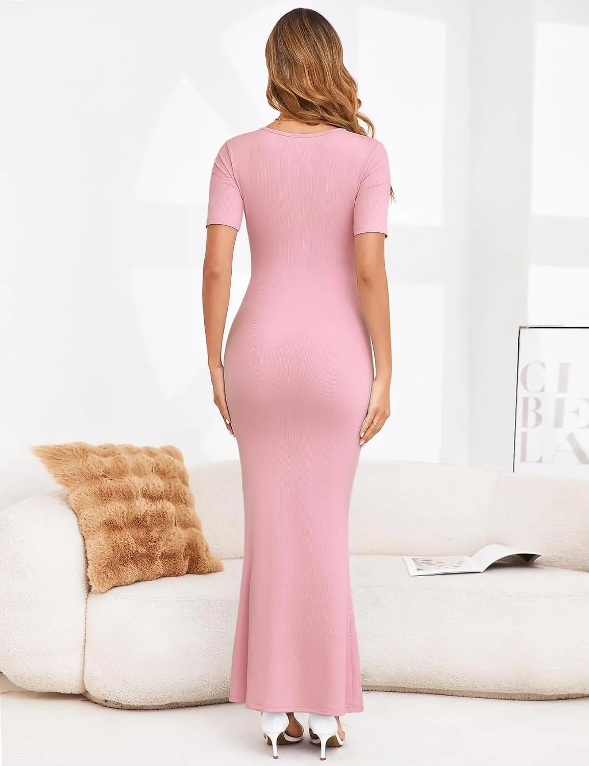 Maternity Bodycon Mermaid Maxi Dress Sexy Square Neck Short Sleeve Ribbed Pregnancy Dresses Baby Shower Photoshoot