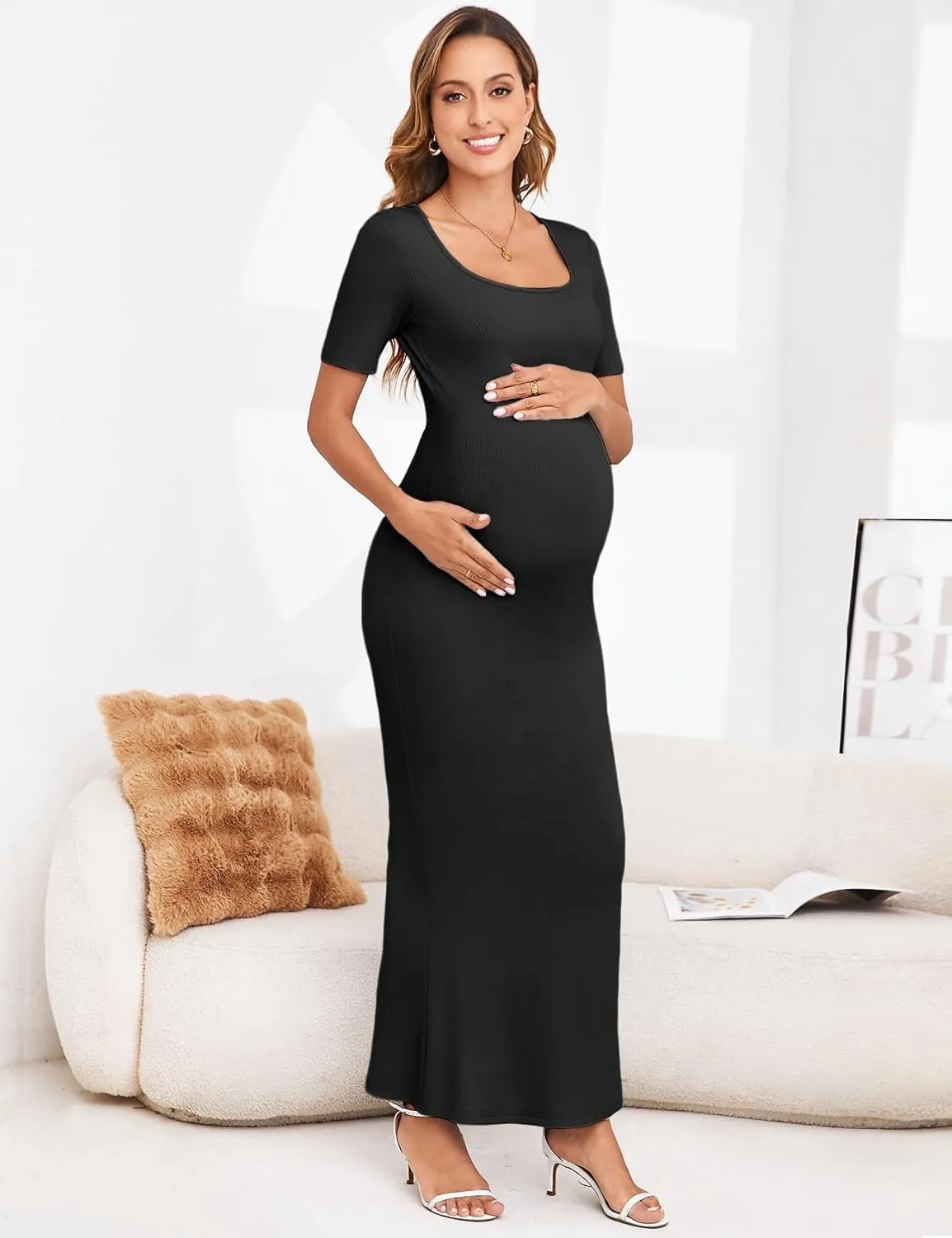 Maternity Bodycon Mermaid Maxi Dress Sexy Square Neck Short Sleeve Ribbed Pregnancy Dresses Baby Shower Photoshoot