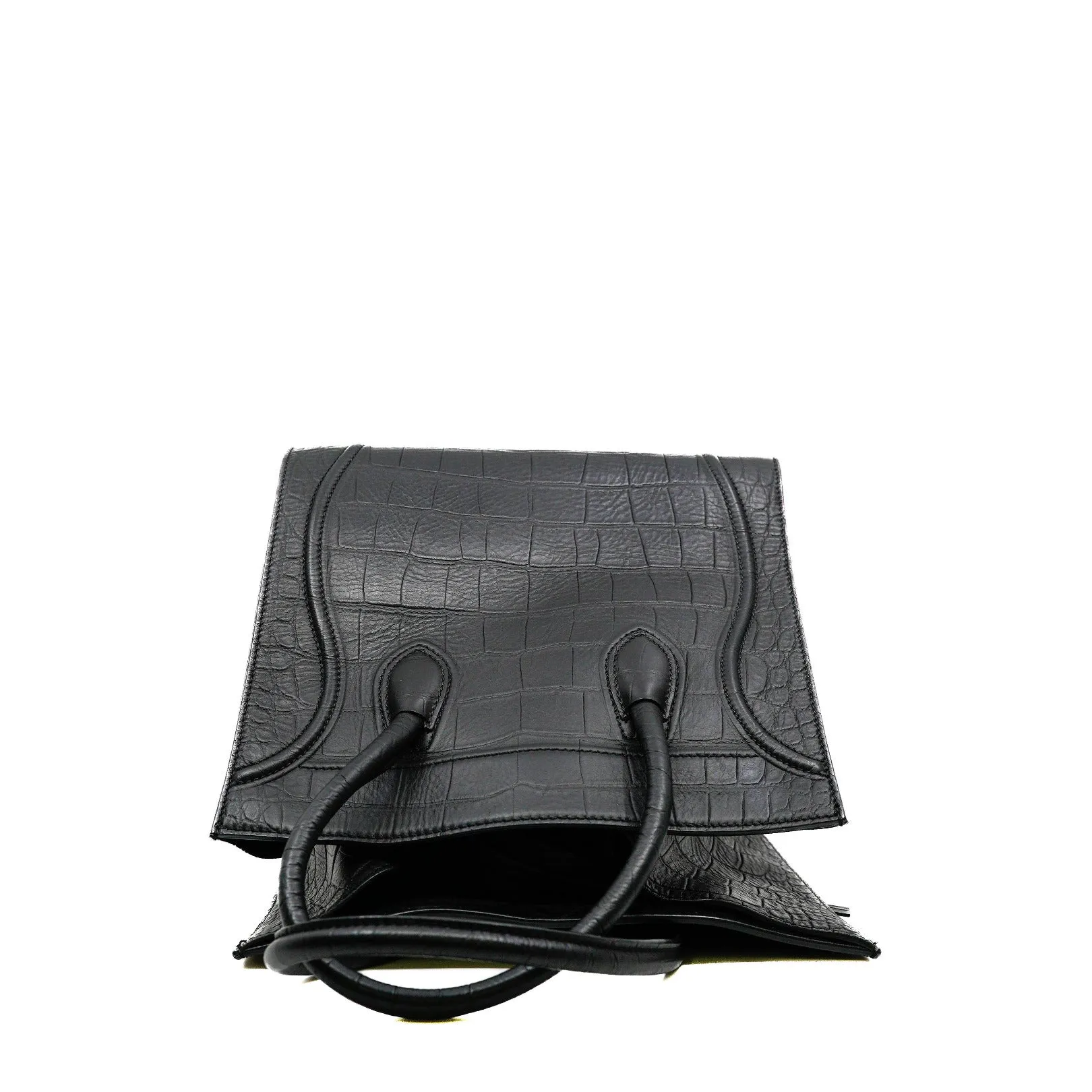 Medium Phantom Luggage In Black Croc Embossed Leather Tote Bag GHW