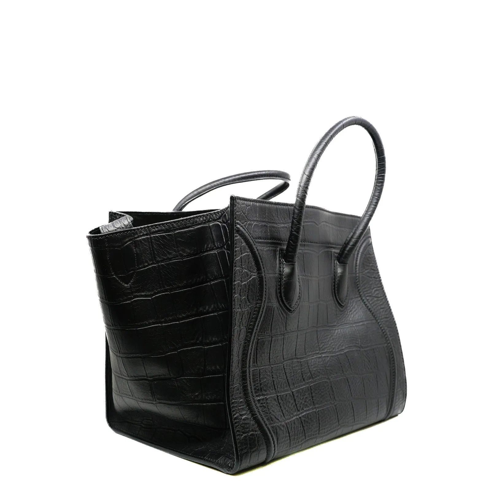Medium Phantom Luggage In Black Croc Embossed Leather Tote Bag GHW