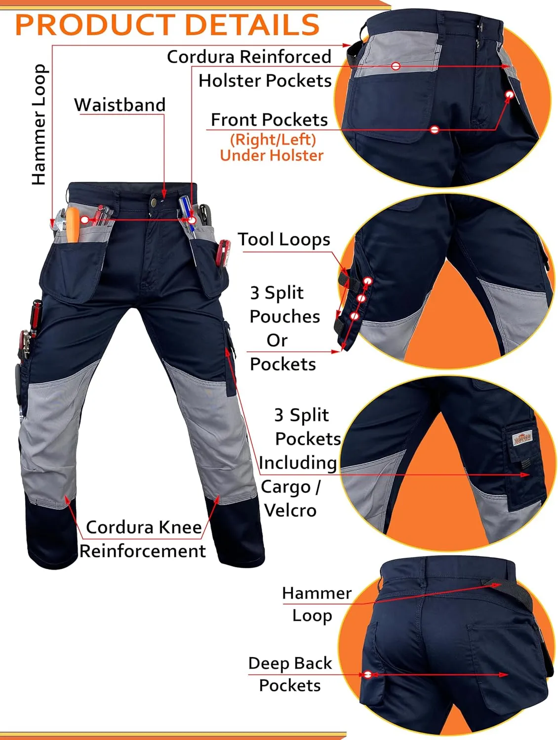 Notus Men’s Work Casual Tactical Cordura Knee Carpenter Construction Utility Cargo Work Trousers Pants