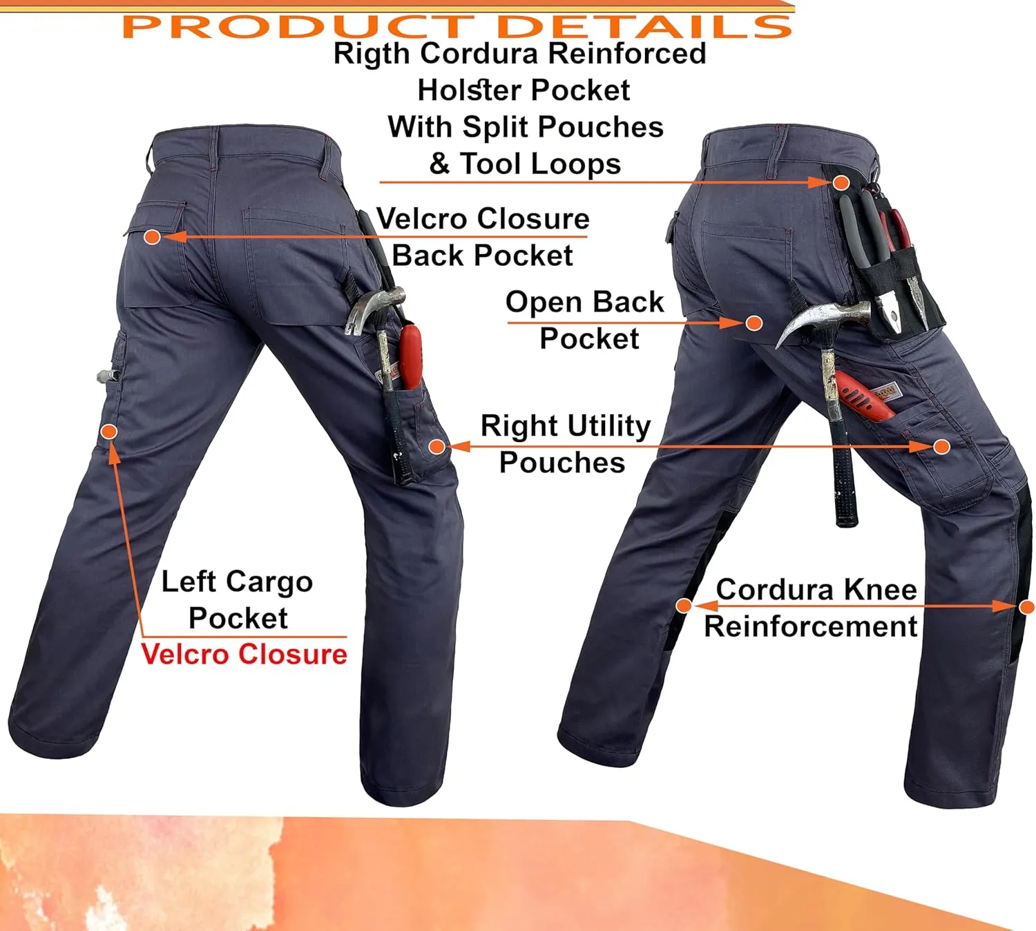 Notus Men’s Workwear Tactical Cordura Knee Construction Utility Cargo Work Trousers Pants with Holster Pockets