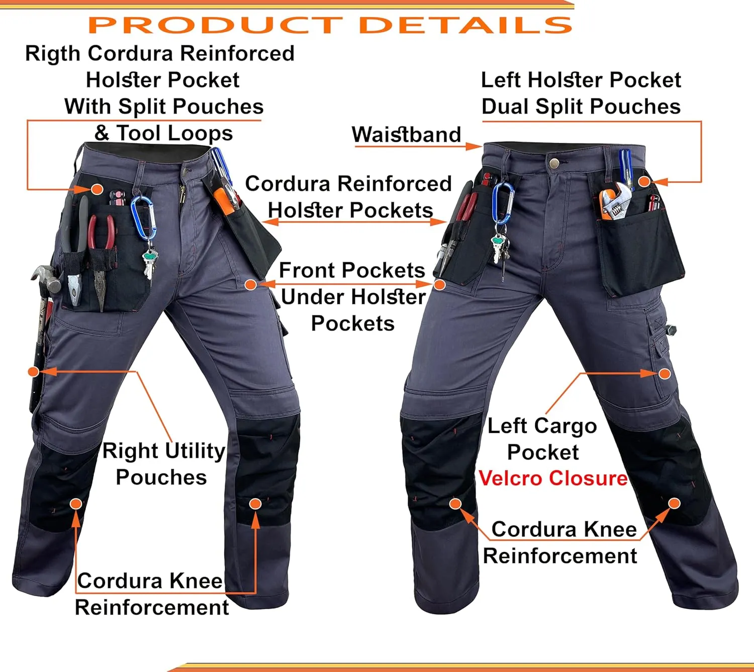 Notus Men’s Workwear Tactical Cordura Knee Construction Utility Cargo Work Trousers Pants with Holster Pockets