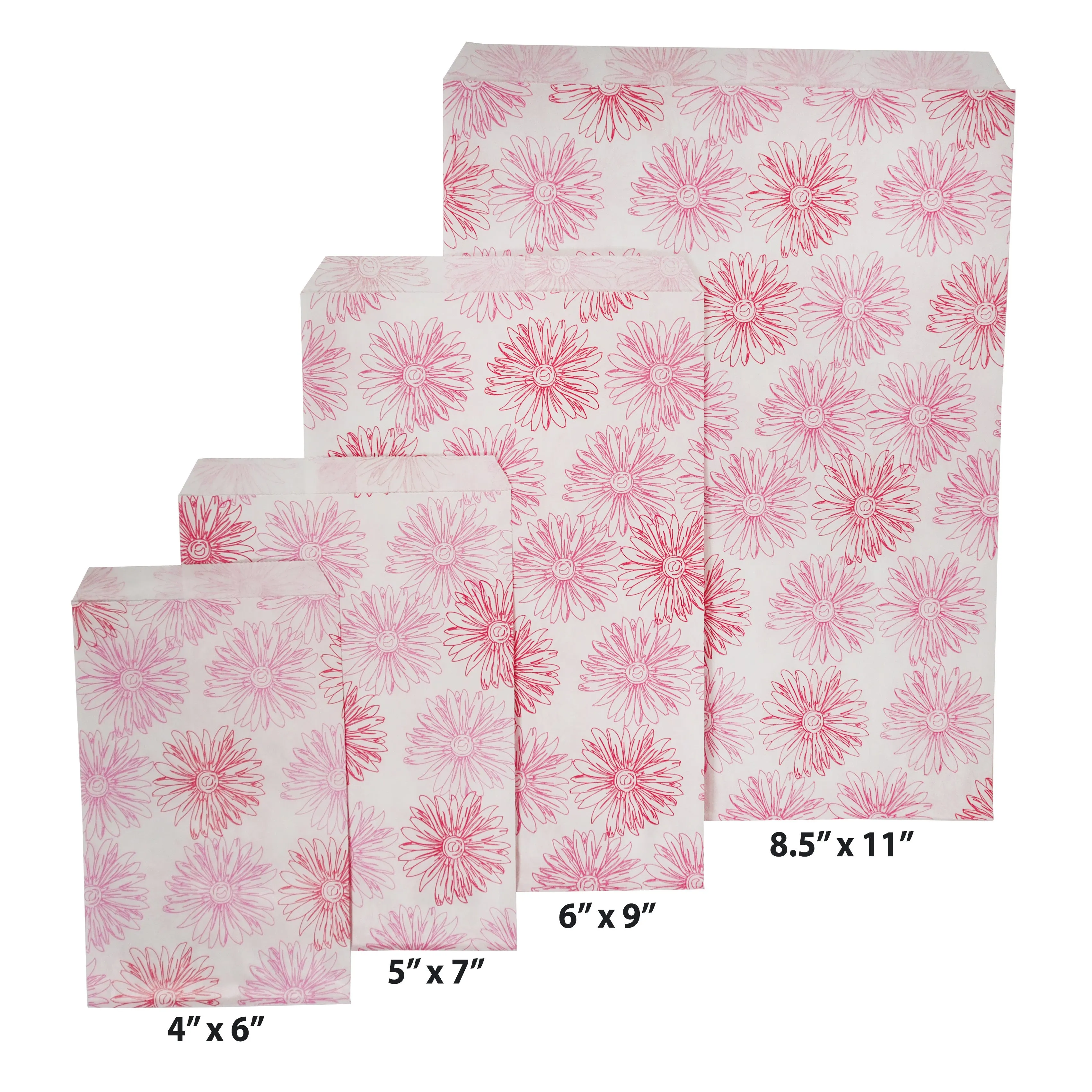 Pink Flower Pattern Paper Bags - 100Bags/Pack - multiple sizes available