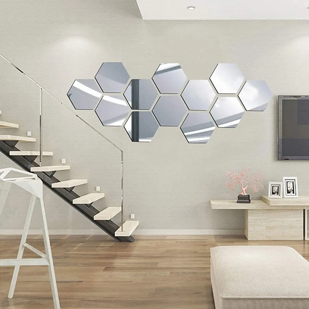 Prachit Self Adhesive Acrylic 3D Wall Mirror Sticker, Wall Decor Mirror Sticker for Home and Office. (Honeycomb Shape (Pack of 12 pcs, 7x7 Cm))