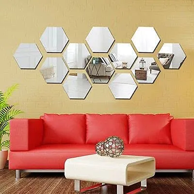 Prachit Self Adhesive Acrylic 3D Wall Mirror Sticker, Wall Decor Mirror Sticker for Home and Office. (Honeycomb Shape (Pack of 12 pcs, 7x7 Cm))