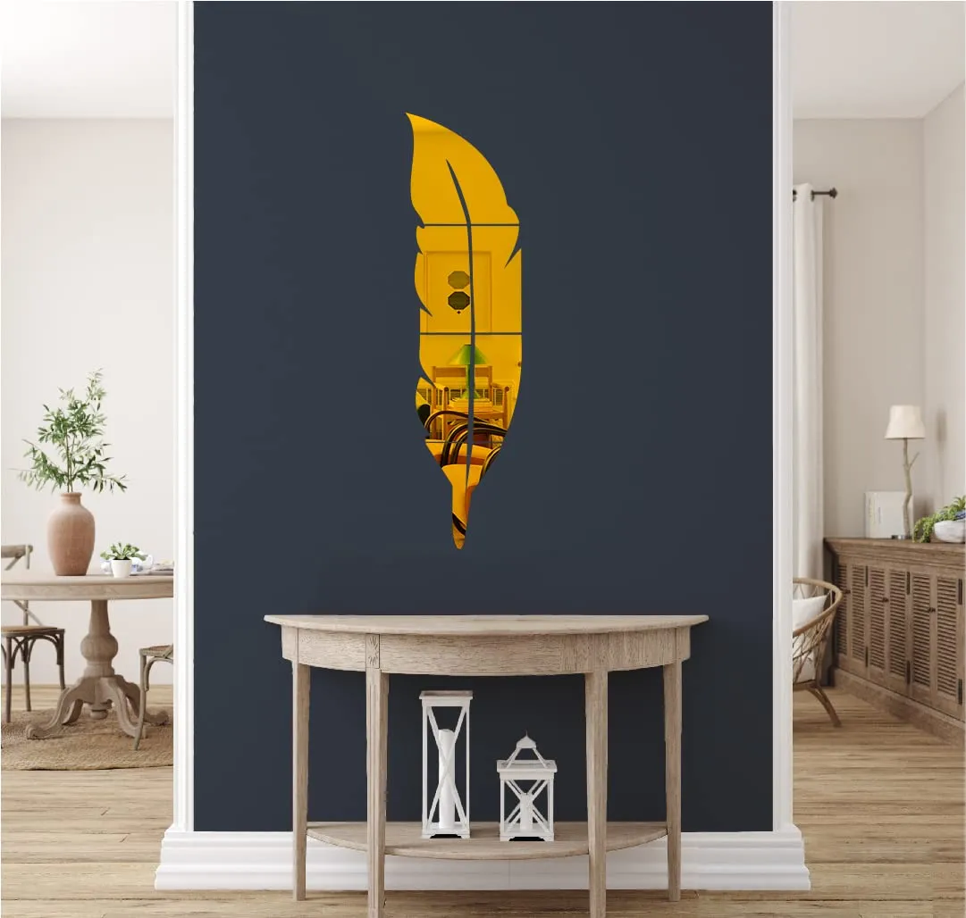 rawpockets Golden Bird Feather 3D Acrylic Self Adhesive Mirror Sticker