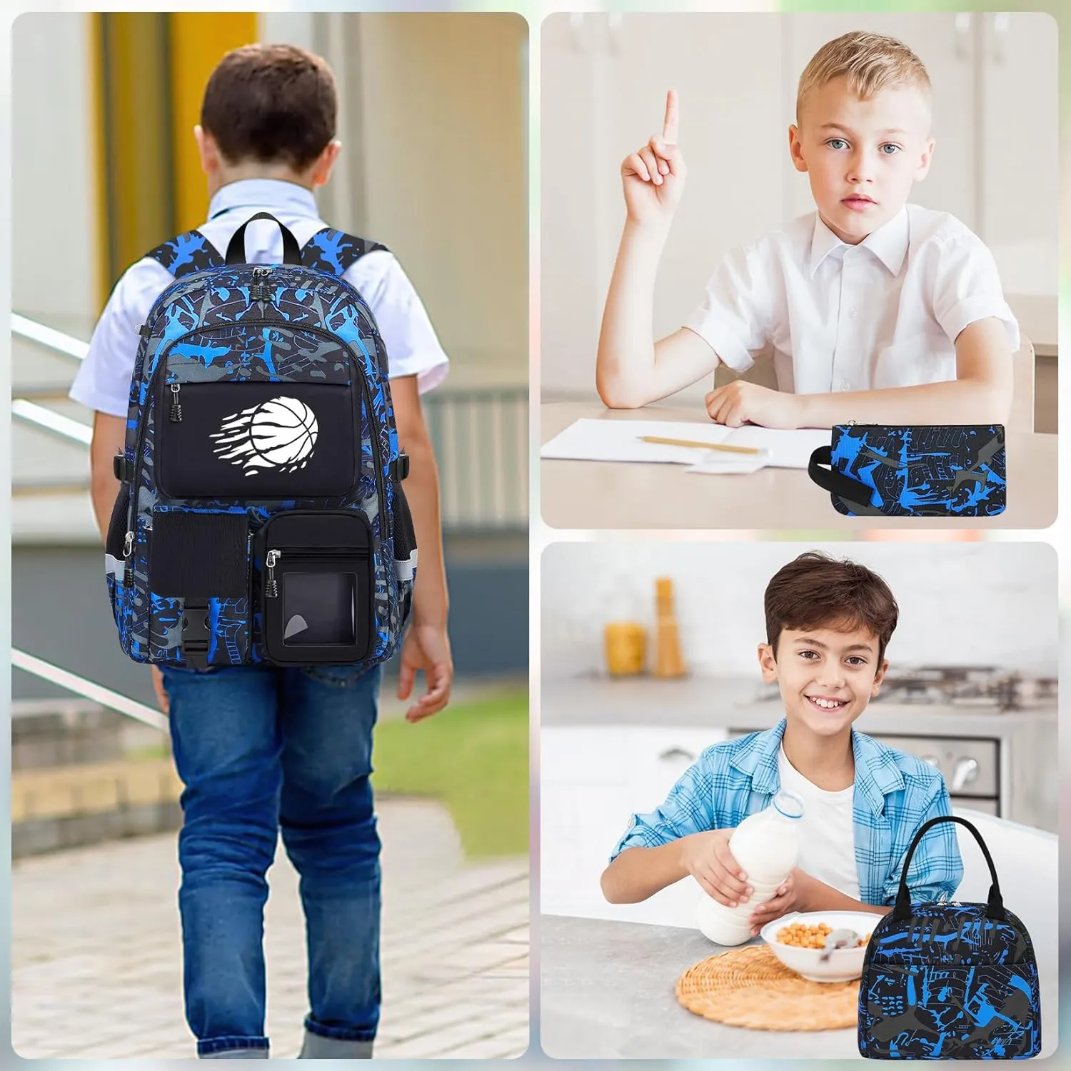 School Backpack for Boys - 4pcs Basketball Boys Backpack with Lunch Box Set for Kids Teens Elementary Middle High School - 18" Large Capacity School Bookbag with Multiple Pockets