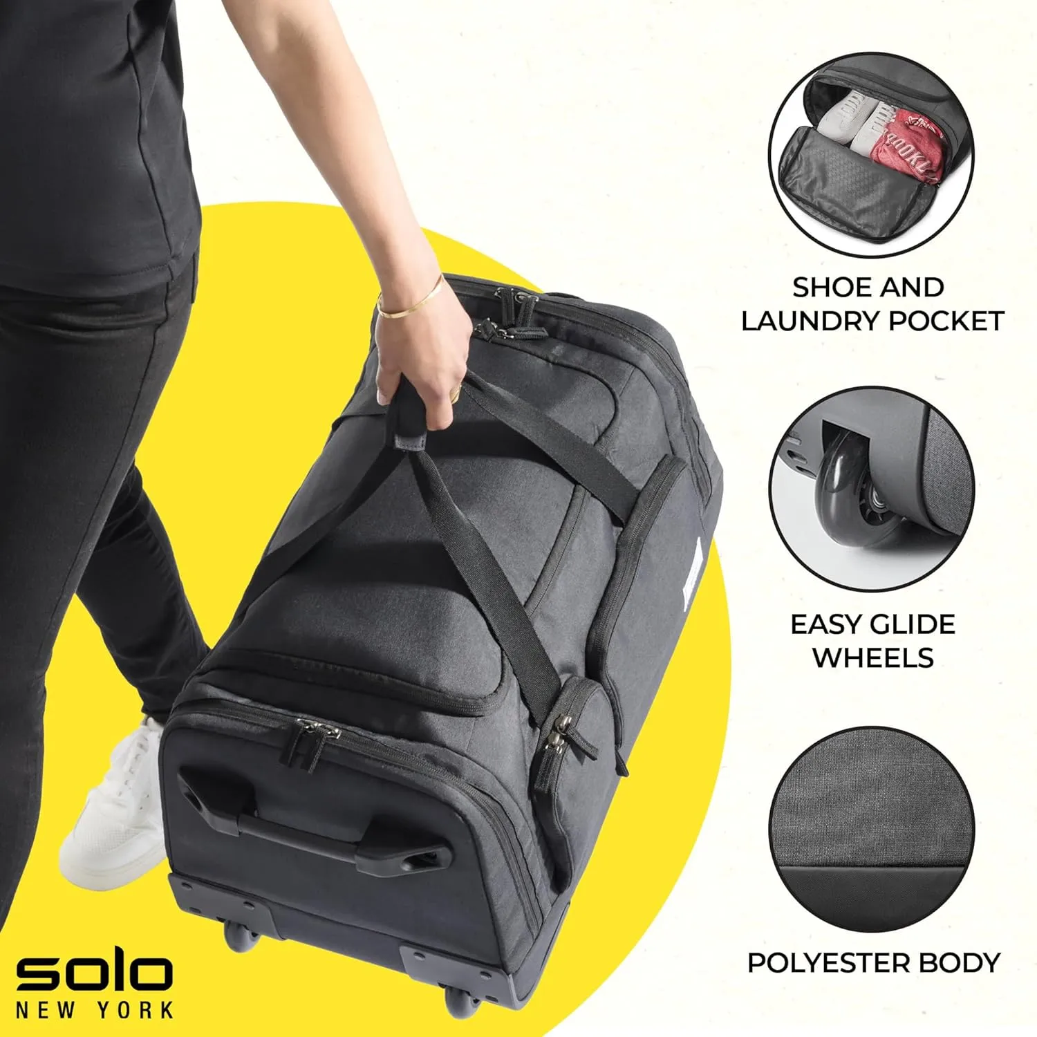 Solo New York Leroy Carry-On Wheeled Duffle Bag, 49L Capacity, Grey, 22 Inch, Leroy Carry-on Wheeled Duffle Bag, 49l Capacity