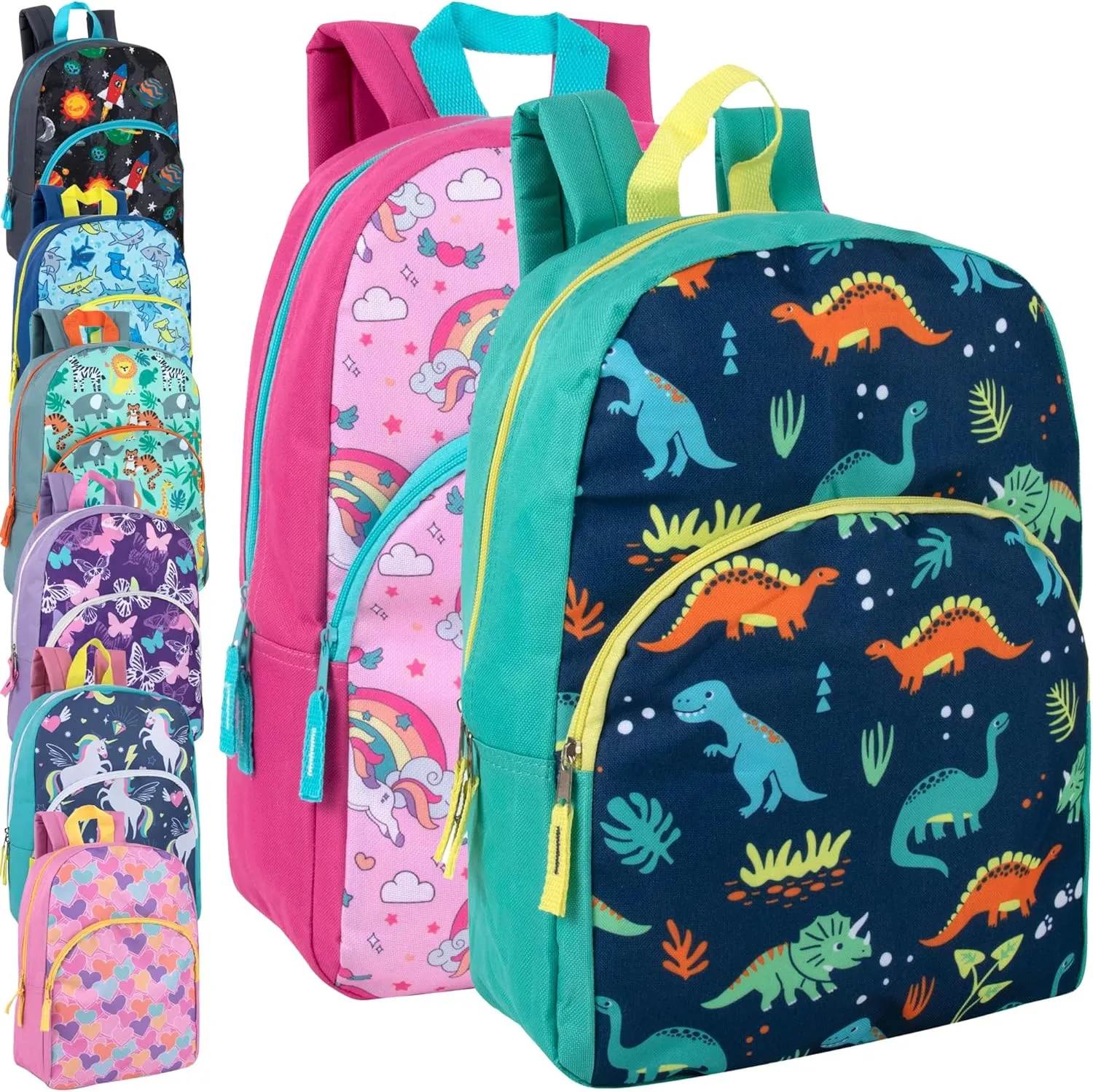 Trail maker Wholesale Kids Backpacks for Boys, Girls Bulk Backpacks 24 Pack with Fun Patterns, Adjustable Padded Straps