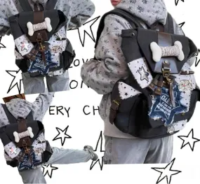 Uakiss Vintage Harajuku Y2k Aesthetic Backpack Women Students Denim Star Letter Embroidery Schoolbags Patchwork High-capacity Backpacks