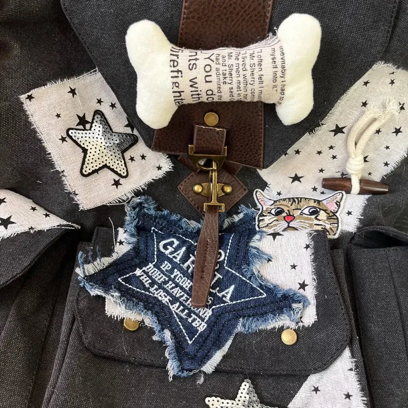 Uakiss Vintage Harajuku Y2k Aesthetic Backpack Women Students Denim Star Letter Embroidery Schoolbags Patchwork High-capacity Backpacks